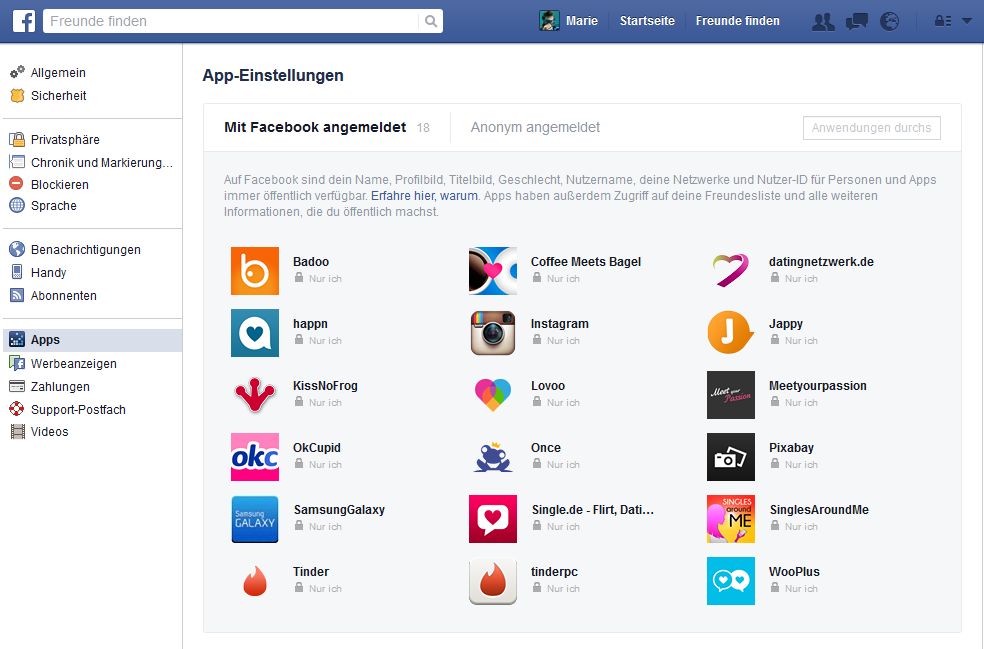 facebook app Liste